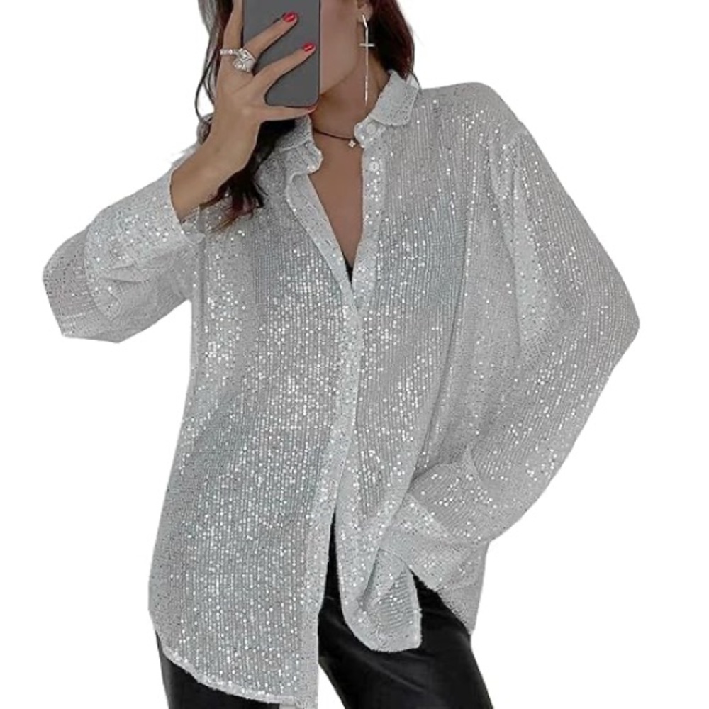 ELLEN TRACY~Size 12~Sequin Gray Button Up Blouse ~100%Silk~Dress Shirt Top